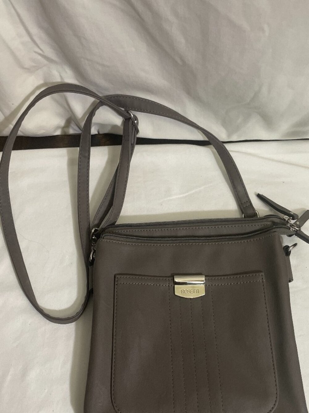 Rosetti Gray Crossbody Shoulder Bag Multi Compartment Zip Faux Leather Purse